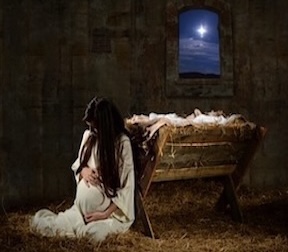 Mary, about to give birth by a manger.
