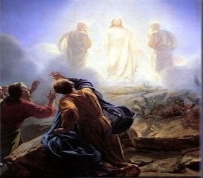 A painting of the brilliant transfiguration of Person of Jesus on the mount